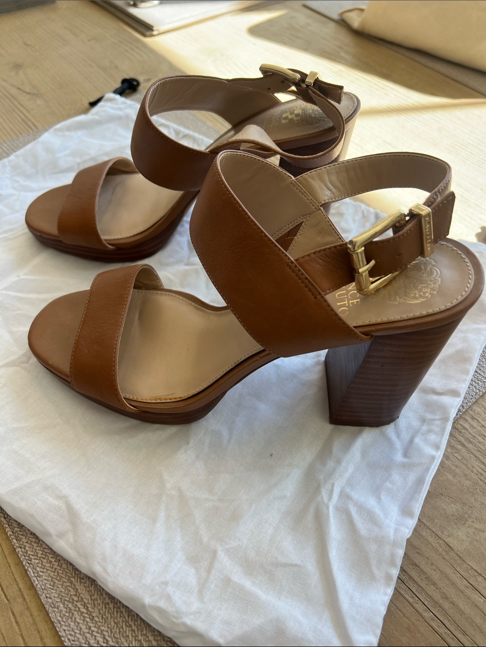 Vince Camuto Cognac Brown Leather Block Heel Sandals